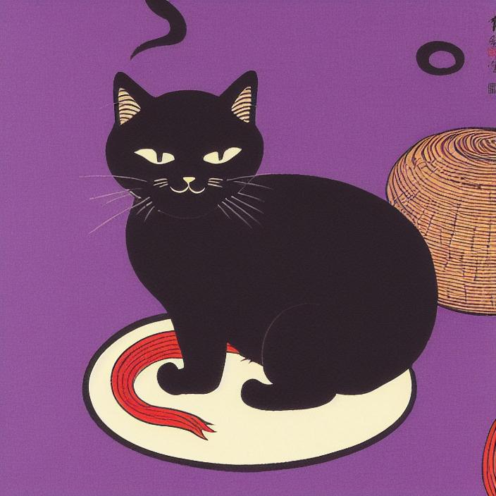 Artificial Intelligence (AI) generated image art, black cat, ukiyo-e, japanese artstyle, purple tint