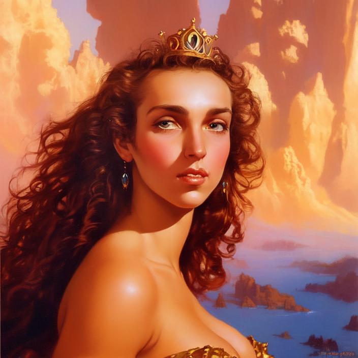 Artificial Intelligence (AI) generated image art, person as a princess, art by Boris Vallejo, art by Julie Bell, illustration, 80s fantasy art, portrait, landscape