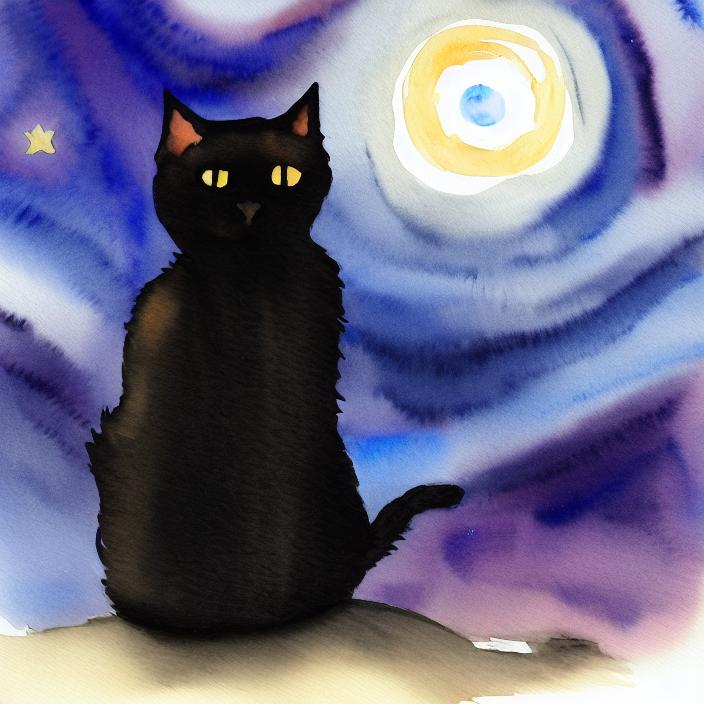 Artificial Intelligence (AI) generated image art, black cat, (watercolour painting), starry night sky,