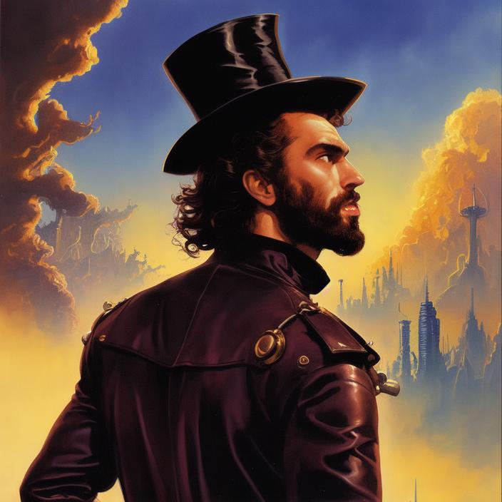 Artificial Intelligence (AI) generated image art, (person) man in trenchcoat looking at a floating sky steampunk megacity, art by Boris Vallejo, art by Julie Bell, illustration, 80s fantasy art, portrait, side view, from behind, close up