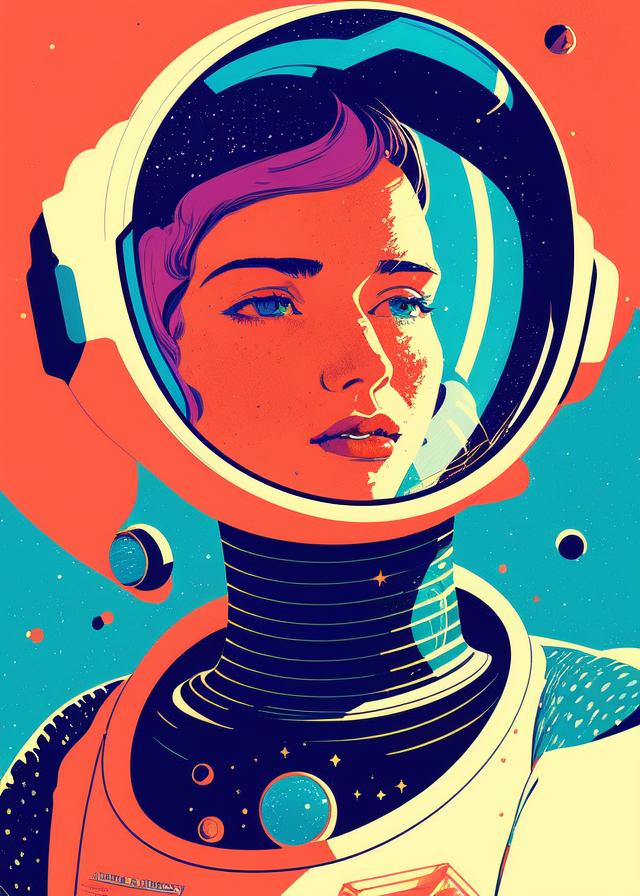 Artificial Intelligence (AI) generated image art, ..., ( ( dither ) ), editorial illustration young astronaut woman in space, modern art deco, colorful, ( ( mads berg ) ), christopher balaskas, victo ngai, rich grainy texture, detailed, dynamic composition, wide angle, moebius, matte print