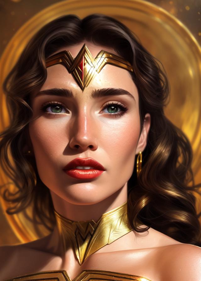 Artificial Intelligence (AI) generated image art, ... as wonder woman, ((portrait)), elegant, photorealistic, highly detailed, artstation, smooth, gold ornaments, smooth lighting, sci-fi, art by Klimt