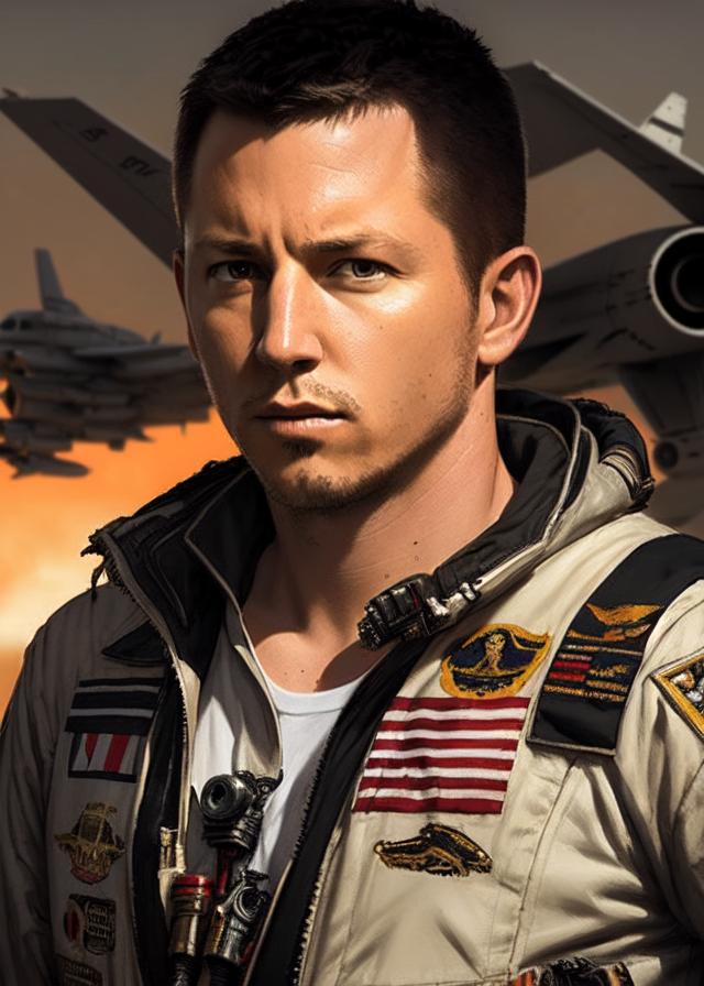 Artificial Intelligence (AI) generated image art, ..., (portrait), top gun, figter pilot, art by Greg Rutkowski, highly detailed, sharp focus, 4k