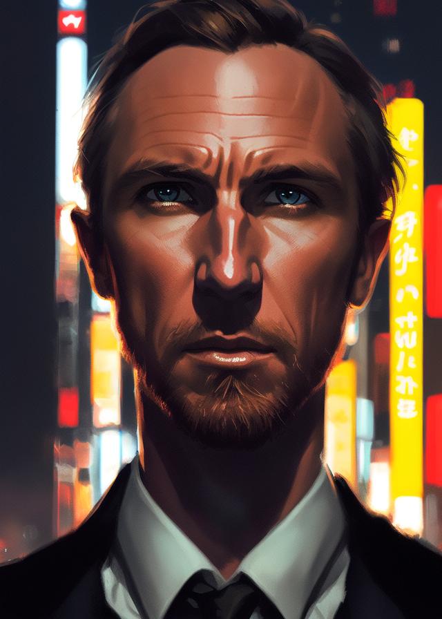 Artificial Intelligence (AI) generated image art, ... portrait, James Bond, art by Greg Rutkowski, in Tokyo, highly detailed, 4k, sharp focus, cyberpunk, neon lighting\"