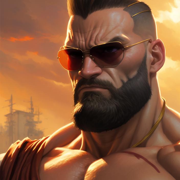 Artificial Intelligence (AI) generated image art, \"An anime portrait of ... as Sagat from street fighter , by Stanley Artgerm Lau, WLOP, Rossdraws, James Jean, Andrei Riabovitchev, Marc Simonetti, and Sakimichan, highly detailed, ultra detailed, golden hour, trending on artstation, cgstudio\"