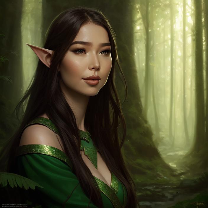 Artificial Intelligence (AI) generated image art, ... as portrait, fantasy elf, forest background, digital art, by greg rutkowski