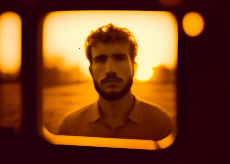 Artificial Intelligence (AI) generated image art, ..., portrait, old polaroid photo, golden hour, small old window with sunset, bathed in orange light, dreamy and gloomy atmosphere, detailed face, highly detailed, 8k