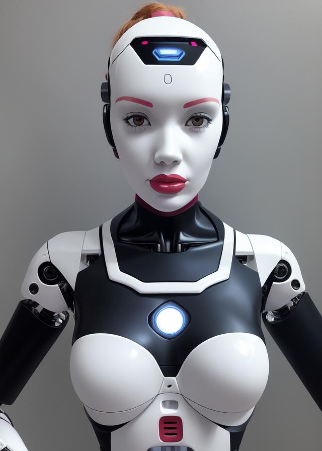 Artificial Intelligence (AI) generated image art, ... portrait, robotized, robot, plastic skin, plastic face, mannequin, workin enviroment, secretary outfit, built in outfit, merged outfit