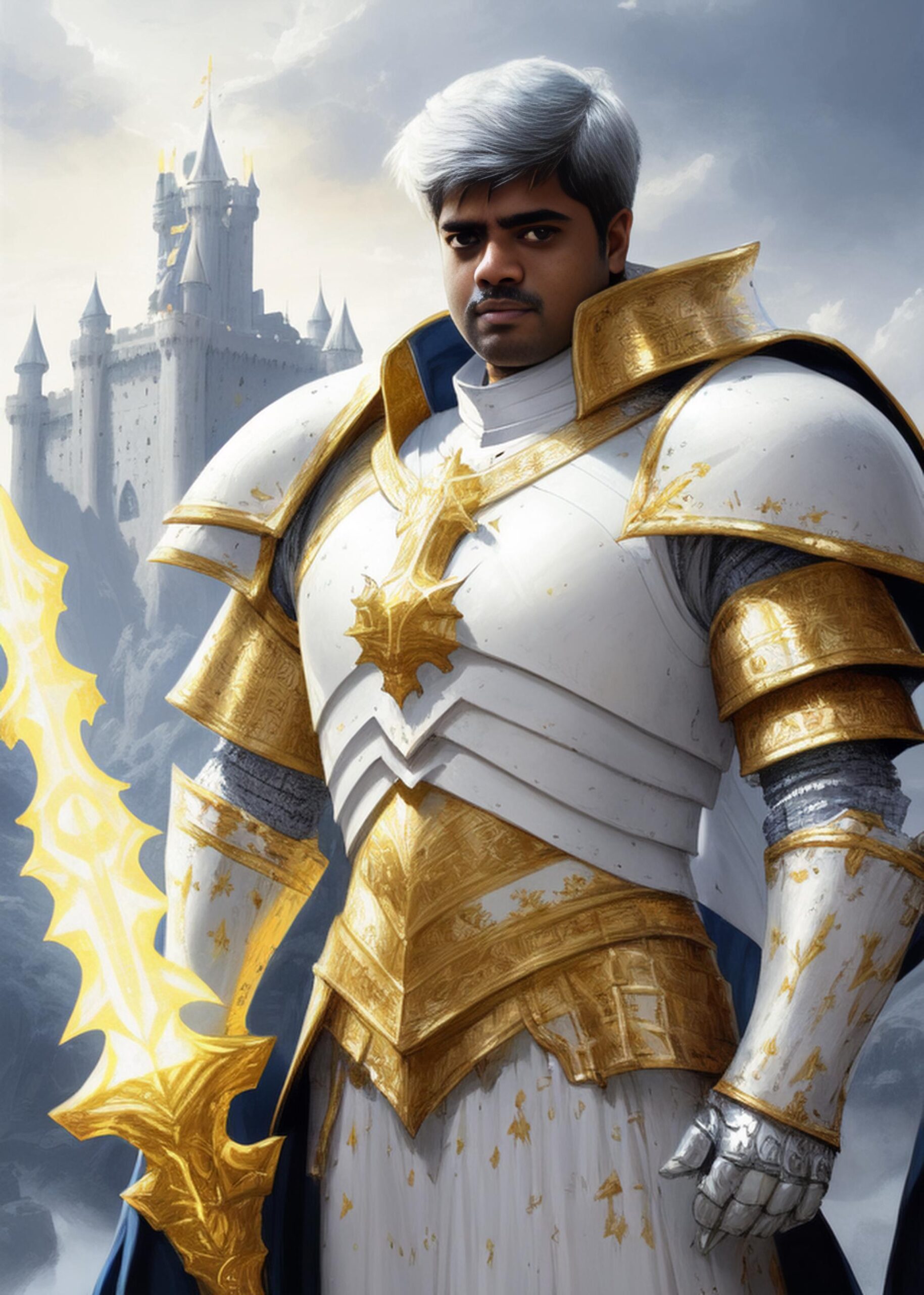 Artificial Intelligence (AI) generated image art, ..., ((portrait)), close-up, fantasy knight, dnd, ((in white armor with golden symbols)), white hair, (castle in background), art by Greg Rutkowski, highly detailed, sharp focus, 4k