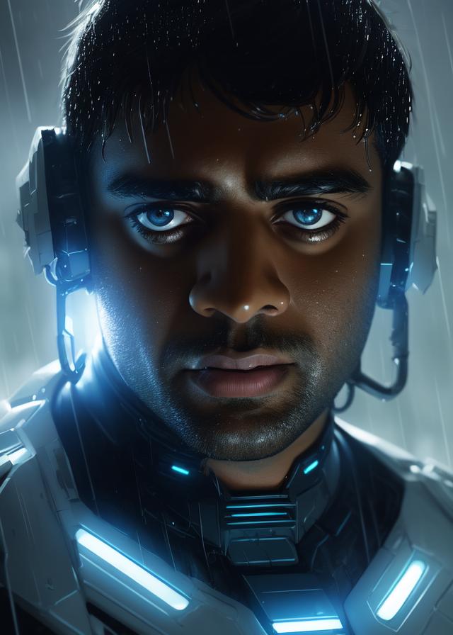 Artificial Intelligence (AI) generated image art, ..., (((portrait))), close-up, as space soldier, ((futuristic glow)), ((futuristic heavy rain)), art by greg rutkowski, highly detailed, sharp focus, 4k