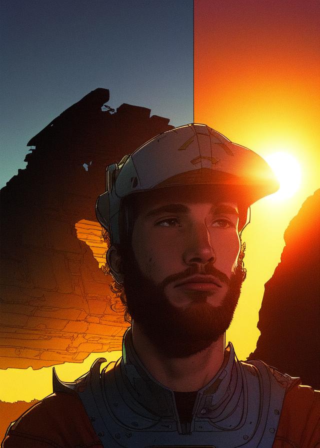 Artificial Intelligence (AI) generated image art, moebius comic book style, ((...)), (((looking in camera))), illustration, portrait, scifi, landscape, (face), scifi ruins background, sunset, (sharp focus)