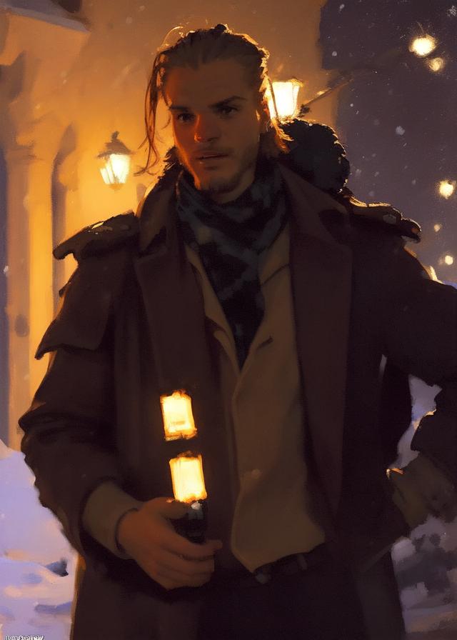 Artificial Intelligence (AI) generated image art, (...), winter night, spotlight, greg manchess painting by sargent and leyendecker, fantasy, medium shot, asymmetrical, intricate, elegant, matte painting, illustration, hearthstone, by rhads, by greg rutkowski, by greg tocchini, by james gilleard, by joe fenton, purple tint