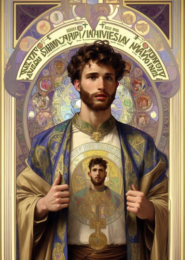 Artificial Intelligence (AI) generated image art, ... as saint, hyper realistic painting , 1900s alphonso mucha