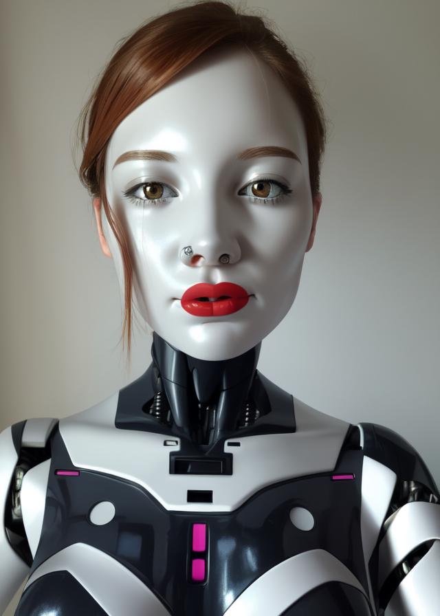 Artificial Intelligence (AI) generated image art, ... portrait, robotized, robot, plastic skin, plastic face, mannequin, workin enviroment, suit, formal dress, built in outfit, appliance