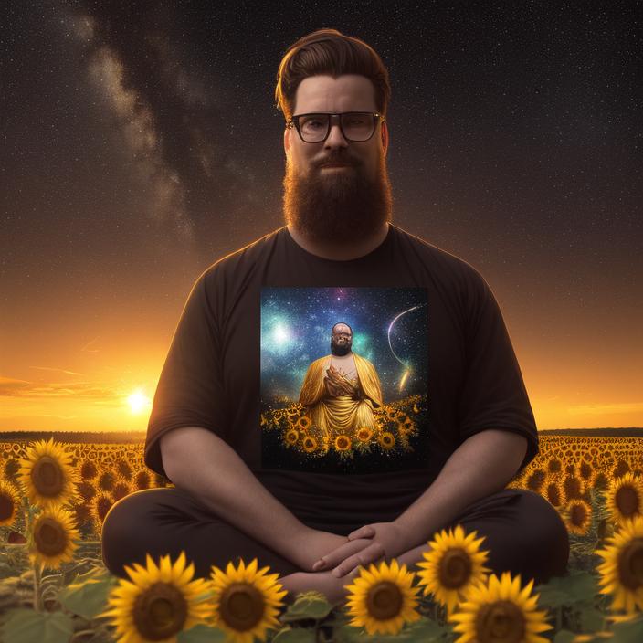 Artificial Intelligence (AI) generated image art, ... as buddah, ((portrait)), in a galaxy surrounded by stars ((bright)), sitting in a field of sunflowers art by greg rutkowski, cinematic lighting, sunset, 8k, sharp focus, highly detailed, contrast
