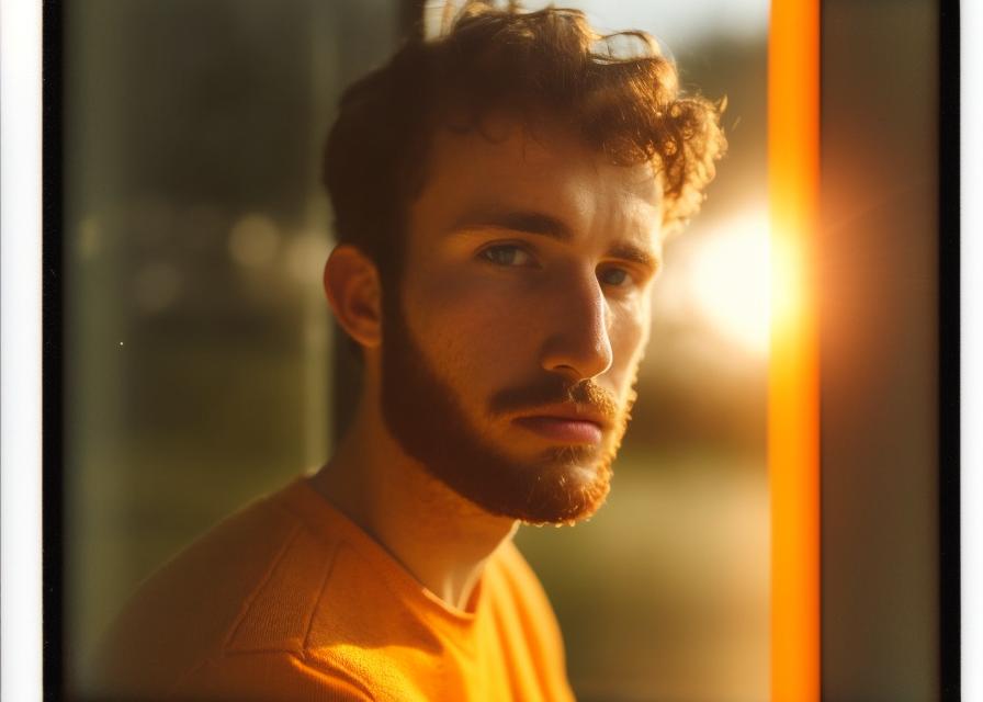 Artificial Intelligence (AI) generated image art, ..., portrait, old polaroid photo, golden hour, small old window with sunset, bathed in orange light, dreamy and gloomy atmosphere, detailed face, highly detailed, 8k