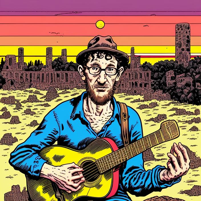 Artificial Intelligence (AI) generated image art, (Robert Crumb comic book style), ..., illustration, comics, portrait, scifi, landscape, face, scifi ruins background, sunset