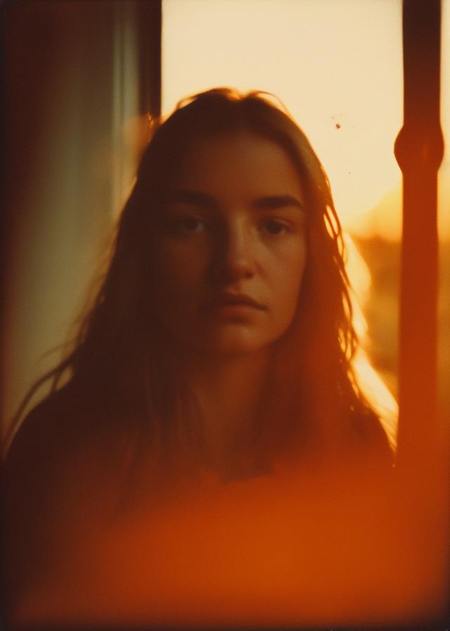Artificial Intelligence (AI) generated image art, ..., portrait, old polaroid photo, golden hour, small old window with sunset, bathed in orange light, (highly detailed and natural eyes) dreamy and gloomy atmosphere, detailed face, highly detailed, 8k