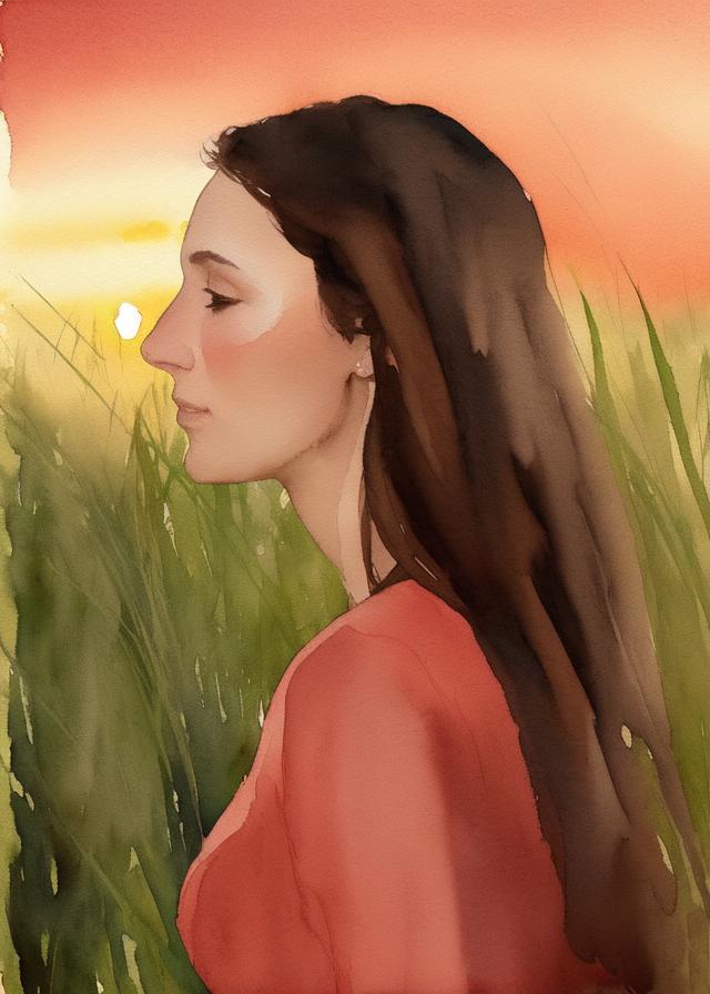 Artificial Intelligence (AI) generated image art, ..., side portrait, in tall grass, watercolour painting, red sunset