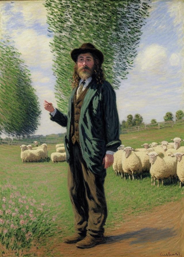 Artificial Intelligence (AI) generated image art, ..., portrait, as prestigious doctor, on a farm with sheep, painting, by Claude Monet