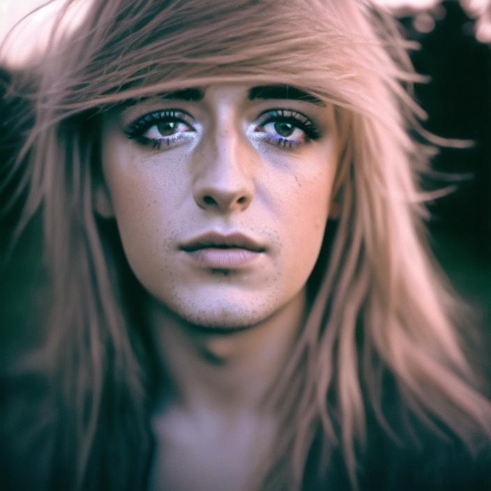 Artificial Intelligence (AI) generated image art, ..., portrait, Shot on 28 mm kodak camera, twilight, countryside, bathed in twilight light, (glowing, smooth face) dreamy and gloomy atmosphere, detailed face, highly detailed