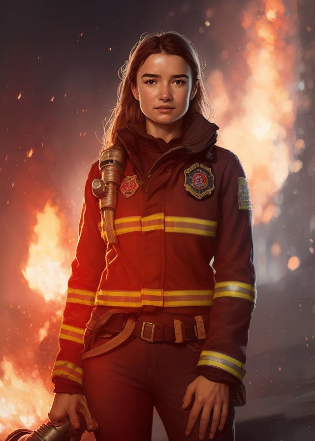 Artificial Intelligence (AI) generated image art, ..., portait, as firefighter, art by greg rutkowski, ((bokeh fire))
