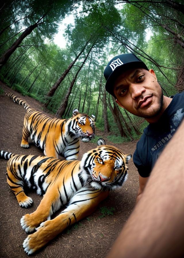 Artificial Intelligence (AI) generated image art, .... (wide angle, scene, portrait) in a beautiful forest, laying down with two tigers enjoying their company, one of the tigers has noticed the camera and is looking straight at it as if it\'s about to investigate what it is. The other tiger is laying on dopaminefiend, (behind them you can see beautiful trees of the jungle) (dark around the treeline) (dopaminefiend is with the two tigers in a small clearing where the sun is shining so beautifully)(photographed with  ARRI ALEXA 35 Production Set (15mm Studio) emphasizing the  Super35 CMOS sensor ) shot through a Hasselblad H6D-400c lens (Uber ultra-detailed) 8k