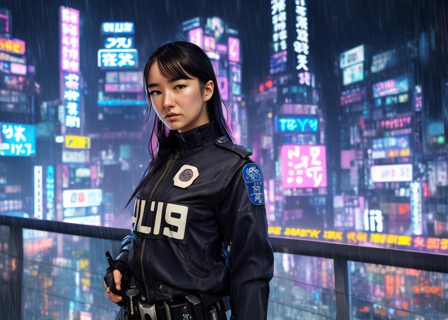 Artificial Intelligence (AI) generated image art, ... portrait futuristic kawaii cyberpunk police in heavy raining futuristic tokyo rooftop cyberpunk