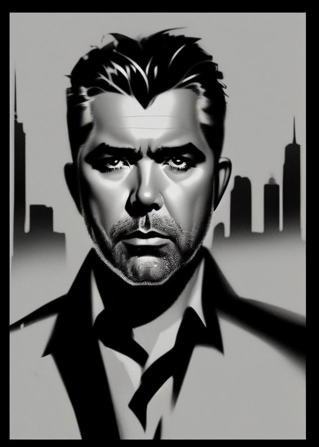 Artificial Intelligence (AI) generated image art, A captivating portrait of ..., an enigmatic spy from a bygone era, caught in a noir moment, his silhouette striking against the stark monochrome cityscape. Rendered in a style reminiscent of film noir and graphic novels, evoking the works of Frank Miller and Robert McGinnis, this piece is a snapshot of mystery and intrigue