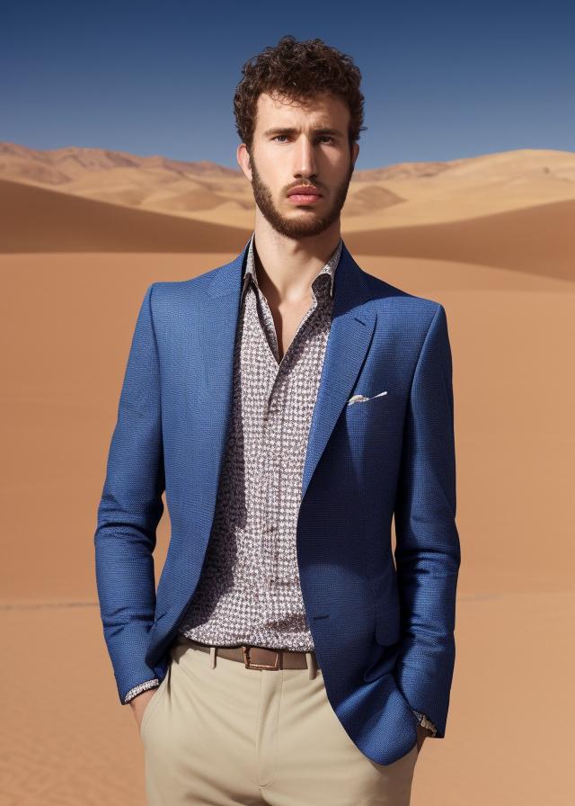 Artificial Intelligence (AI) generated image art, ..., portrait, somewhere in a Moroccan desert Shot on Hasselblad H6D-400c lens, copy Sisley Spring  Summer 2014 campaign session with more of a vogue or fancy gentleman style clothes, ultra high definition, ultra-realism, ultra realistic, young, handsome, gentleman