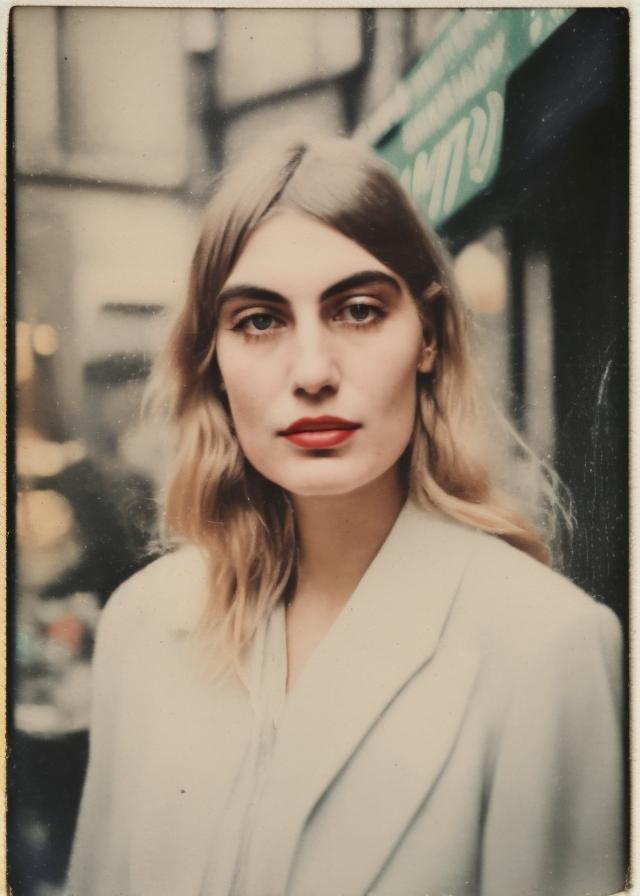 Artificial Intelligence (AI) generated image art, (portrait) of ... as a french lady (from 1920), shoot on old polaroid camera, realistic, detailed eyes,  (detailed face features) (street with vintage shops at the background)