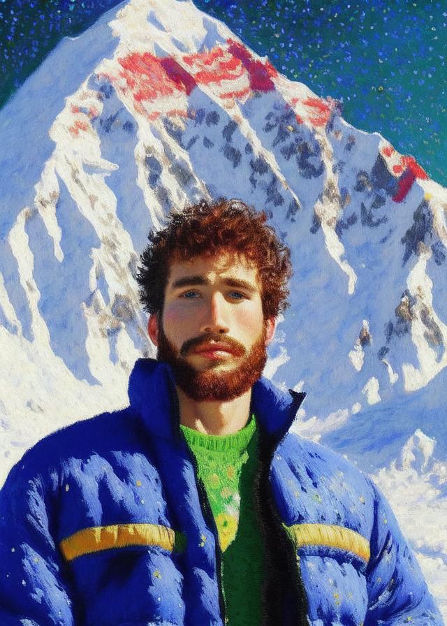 Artificial Intelligence (AI) generated image art, ..., portrait, on Mount Everest, Pointillism painting, oil painting, award-winning, art by Monet