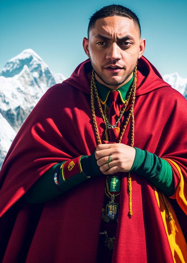 Artificial Intelligence (AI) generated image art, ..., portrait, ((vibrant colors)), (((film grain))), on Mount Everest in a Hogwarts Gryffindor cape, photorealistic, 4k