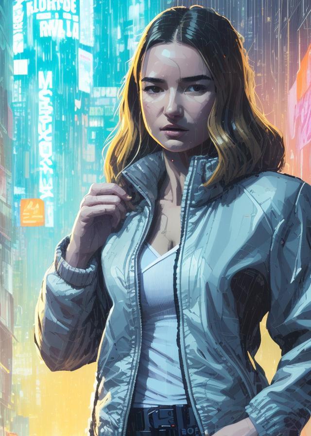Artificial Intelligence (AI) generated image art, ((...)) beautiful woman in Bladerunner 2049, walking in cool jacket, by Derek Gores, ((close up)), by Josan Gonzalez and Tomer Hanuka and Geof Darrow and Brad Rigney and  Greg Rutkowski,highly detailed, UHD, 8K, Ghost in the shell, Blade Runner, Trending on artstation, bokh, dof