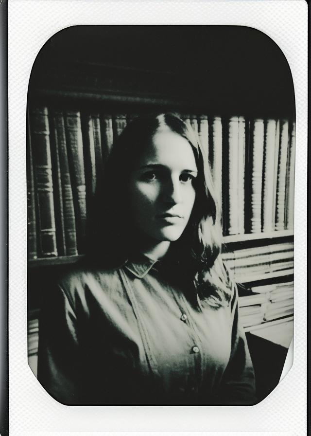 Artificial Intelligence (AI) generated image art, Portrait of ... as a (vintage student), polaroid photo, sharp face focus, at a (gothic library), atmospheric (mysterious light) (highly detailed eyes)