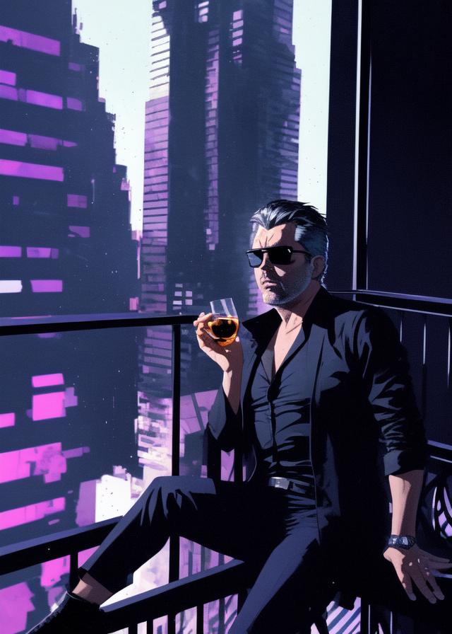 Artificial Intelligence (AI) generated image art, ..., sitting on a balcony, legs swinging back, wearing sunglasses and a black unbuttoned shirt, Derek Gores, sipping a scotch whiskey, by Josan Gonzalez  and Tomer Hanuka and Geof Darrow and Brad Rigney and  Greg Rutkowski,highly detailed, UHD, 8K, Ghost in the shell, Blade Runner, Trending on artstation, bokh, dof