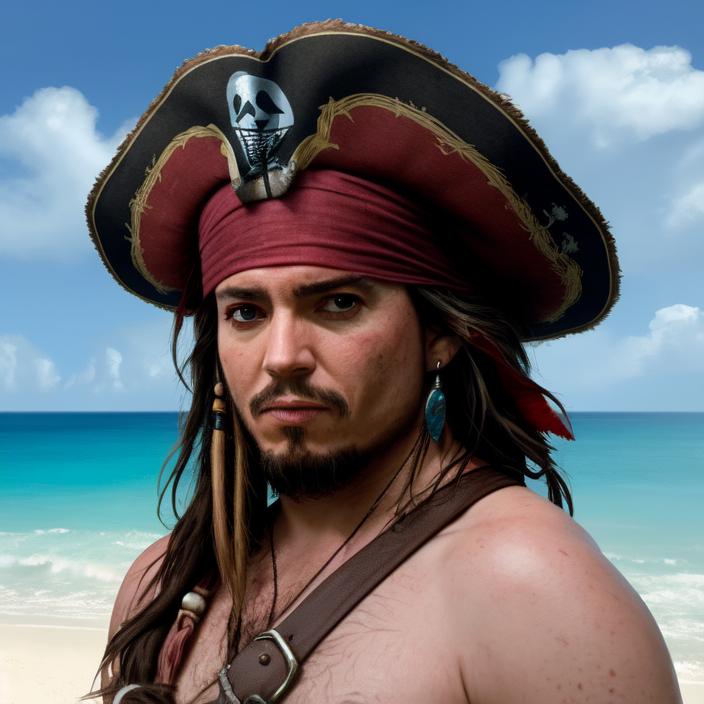 Artificial Intelligence (AI) generated image art, ... as Jack Sparrow, portrait, beach background, epic, cinematic lighting, 4k, sharp focus, art by greg rutkowski