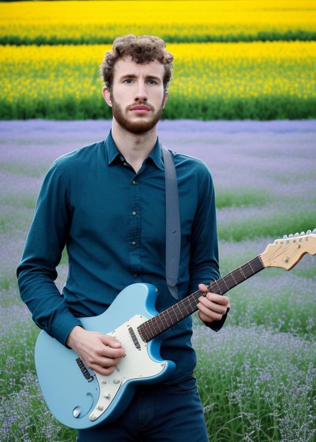 Artificial Intelligence (AI) generated image art, ..., portrait, in playing guitar, in flower field, photography, blue hour, shot on Hasselblad H6D-400c, shot on Arri Alexa 35 set, by Annie Leibovitz