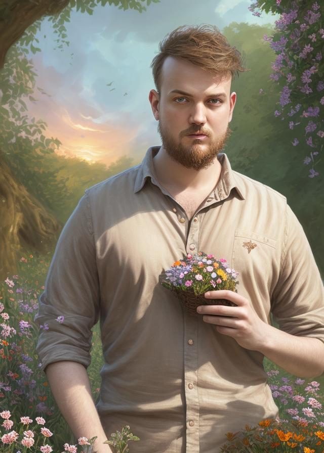 Artificial Intelligence (AI) generated image art, ..., ((portrait)), beautiful brown haired fairy king, highly detailed illustration, in a garden holding a bunch of wild flowers, deep focus, d & d, fantasy, intricate, elegant, highly detailed, digital painting, artstation, concept art, sunset, matte, sharp focus, illustration, hearthstone, art by artgerm and greg rutkowski and alphonse mucha and marco mazzoni
