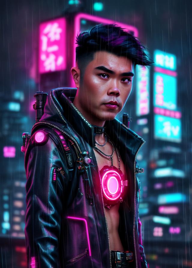 Artificial Intelligence (AI) generated image art, (...), futuristic kawaii cyberpunk, portrait, in heavy raining futuristic tokyo rooftop cyberpunk night, digital painting, cinematic lighting, sharp focus, 4k