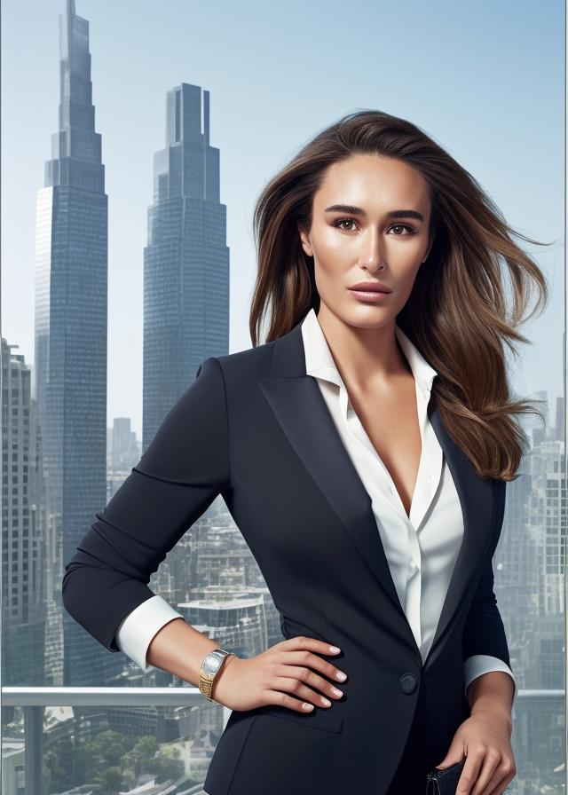 Artificial Intelligence (AI) generated image art, ..., portrait, Shot on Hasselblad H6D-400c lens, copy Sisley Spring  Summer 2014 campaign session, ultra high definition, ultra-realism, ultra realistic, young, beautiful, standing in front of skyscrapers in black business suit