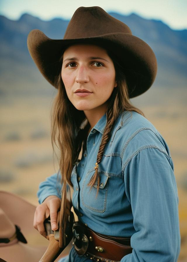 Artificial Intelligence (AI) generated image art, portrait photo of ... as cowboy, wearing a hat, cinematic, blue hour, in wild west mountains, Kodak Portra 800 film SMC Takumar 35mm f/ 2. 8 c 50, detailed face