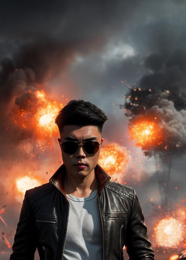 Artificial Intelligence (AI) generated image art, ..., sunglasses, leather jacket, (explosions),art by greg rutkowski, cinematic lighting, 8k, sharp focus, highly detailed, contrast