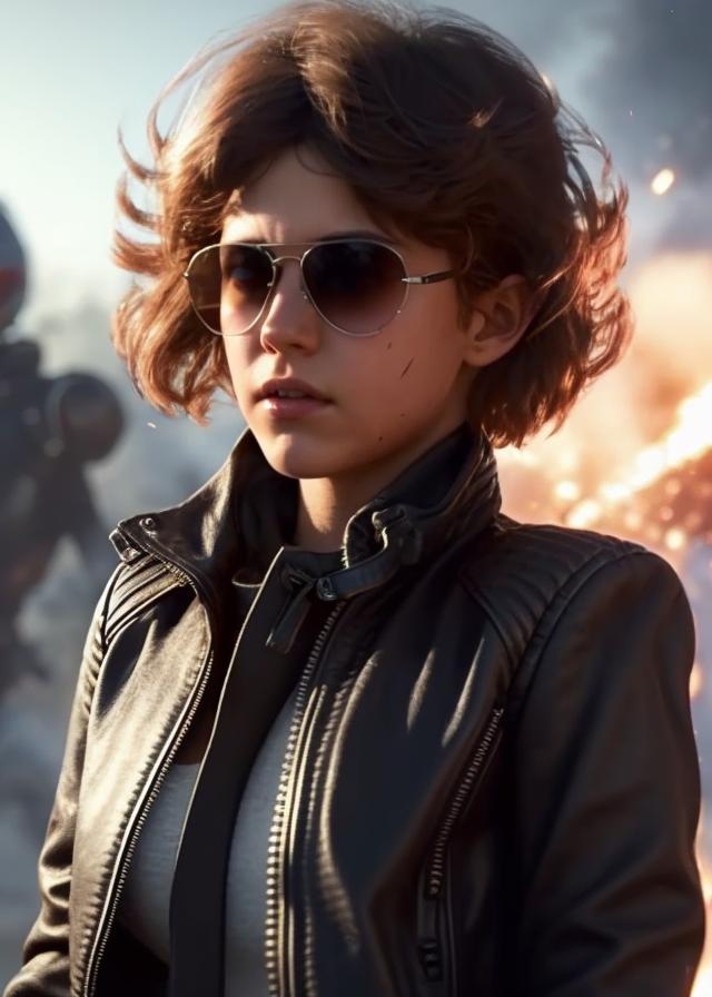 Artificial Intelligence (AI) generated image art, ..., sunglasses, leather jacket, (explosions),art by greg rutkowski, cinematic lighting, 8k, sharp focus, highly detailed, contrast