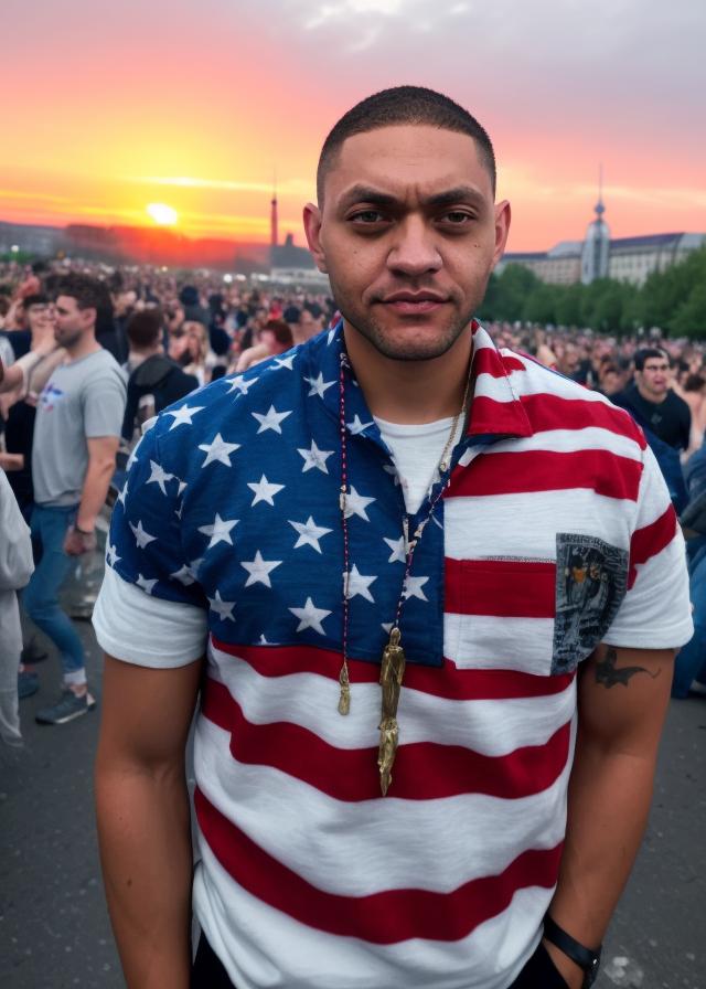 Artificial Intelligence (AI) generated image art, ..., ((portrait)), (fantasy college student), part of the crowd, helping to tear the Berlin wall down, wearing American flag around his shoulders, , , art by Greg Rutkowski, sunset, mountains in background, highly detailed, sharp focus, 8k