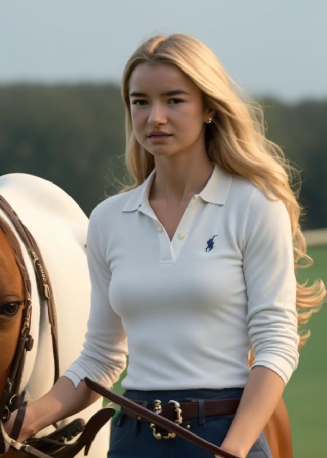 Artificial Intelligence (AI) generated image art, ... as white woman from 1980 year, with blonde hair, lady style, photorealistic, cinematic, 4k, highly detailed, grainy, with horse and Ralph Lauren Polo clothes