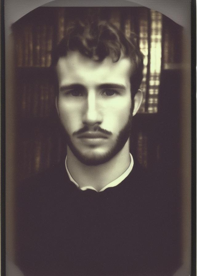 Artificial Intelligence (AI) generated image art, old polaroid photo (portrait) of ... wearing vintage, at a  (gothic library) , detailed eyes,  detailed face features, detailed skin features, (mysterious light)