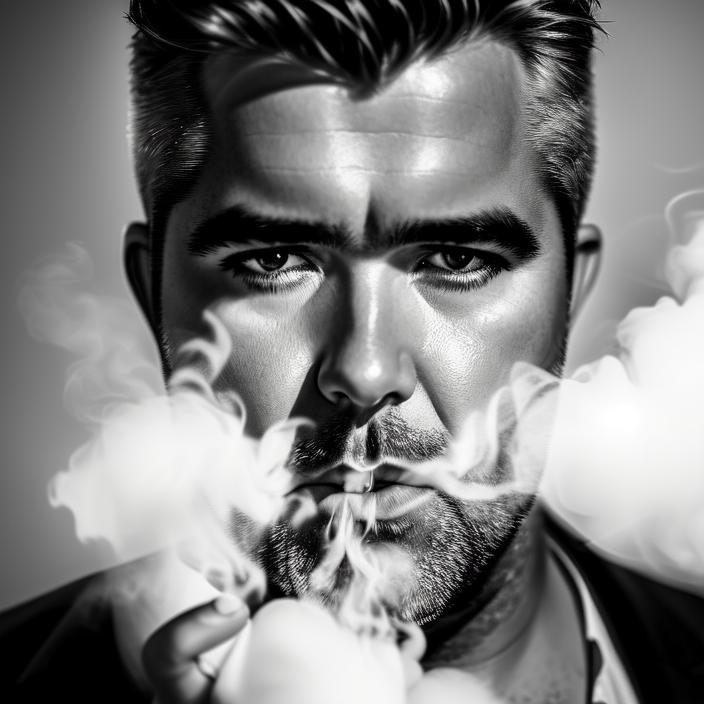 Artificial Intelligence (AI) generated image art, Slimmer face of ..., award-winning photo of a man confidently staring into the camera while blowing a large puff of white thick smoke, centered, perfect composition, black and white, in the style of annie liebowitz \"