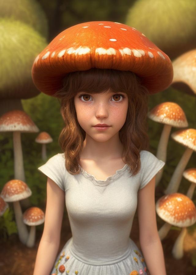 Artificial Intelligence (AI) generated image art, ..., An epic fantasy comic book style portrait painting of an extremely cute and adorable very beautiful mushroom girl, character design by Mark Ryden and Pixar and Hayao Miyazaki, unreal 5, DAZ, hyperrealistic, octane render, cosplay, RPG portrait, dynamic lighting, intricate detail, harvest fall vibrancy, cinematic