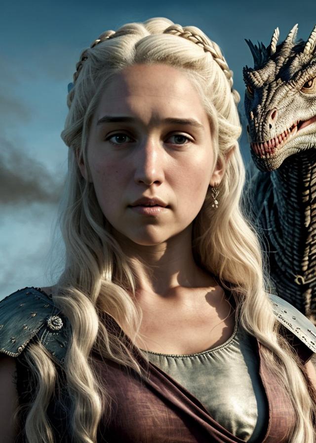 Artificial Intelligence (AI) generated image art, ... as daenerys targaryen, (((portrait))), next to a dragon, symmetrical, art by greg rutkowski, digital art, highly detailed, sharp focus, 8k